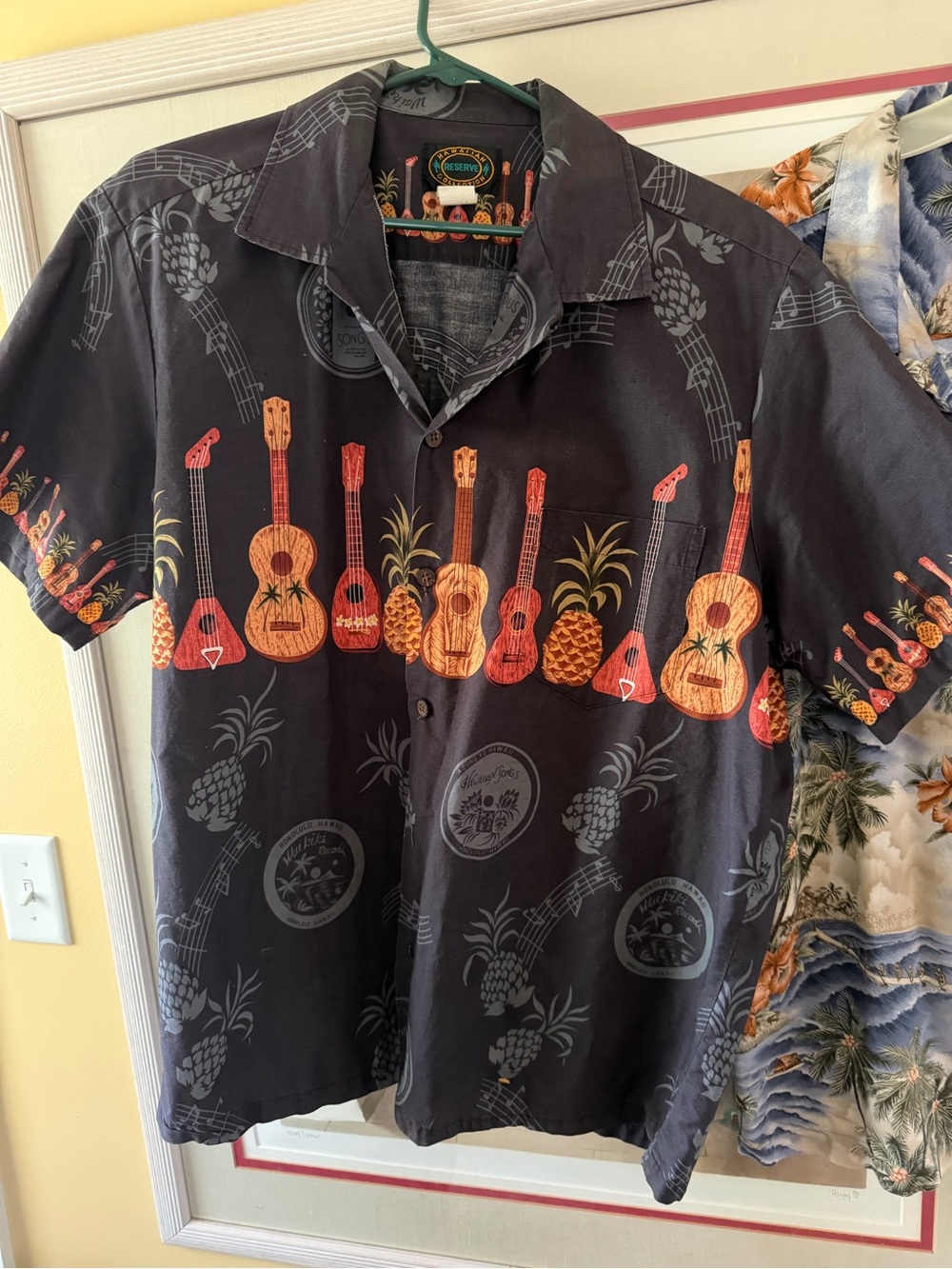 Island Vibes Black Hawaiian Shirt with Ukulele & Pineapple Print